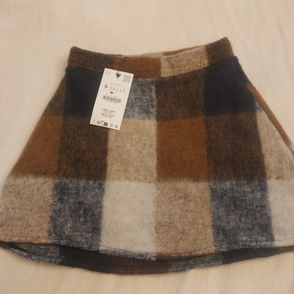 Zara Brown and Blue Checkered Mini Skirt